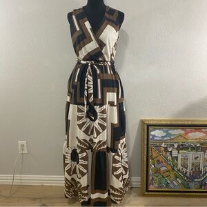 Civico 51 Brown and Cream Maxi Dress, 100% Cotton, Made in Italy